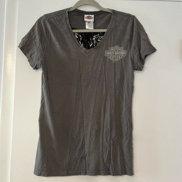 Harley Davidson Women's  Heritage Cycles V-Neck T-Shirt M With Lace Back Gray - Picture 1 of 6